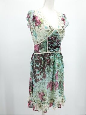 Guess Floral Ruched Bust Lace Trim Dress Chiffon Lined Boho Y2K Romantic S/M